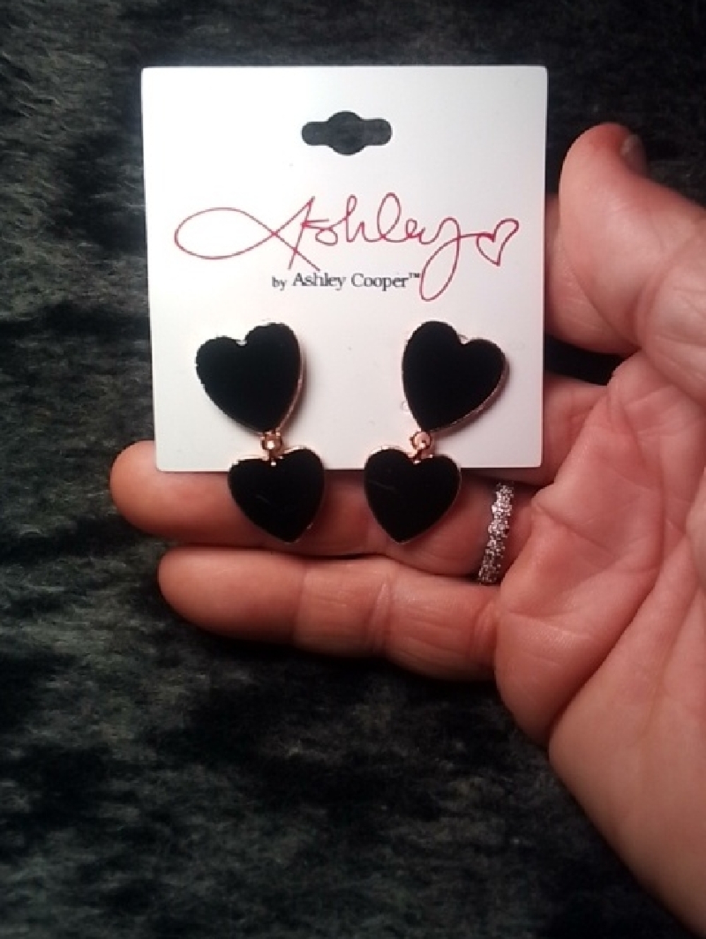 Ashley Cooper Black Double Heart Drop Earrings with Gold Trim
